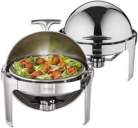 VEVOR Roll Top Chafing Dish Buffet Set, 6 Qt 2 Pack, Stainless Steel Chafer with 2 Full Size Pans, Round Catering Warmer Server with Lid Water Pan Stand Fuel Holder, for at Least 5 People Each by VEVOR