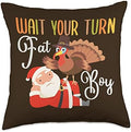 Funny Thanksgiving Wait Your Turn Fat Boy Turkey & Santa Throw Pillow by Unknown