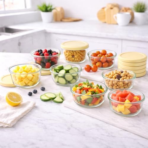 16-Piece Glass Food Storage Containers Set (8 Containers + 8 BPA-Free Lids) | 1-Cup, Leakproof | Microwave, Freezer, Oven & Dishwasher Safe | Ideal for Meal Prep & Pantry Organization, Yellow
