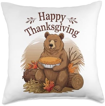 Happy Thanksgiving Bear Throw Pillow by Unknown