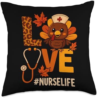 Love Nurse Life Thanksgiving Turkey Fall Scrubs Stethoscope Throw Pillow by Unknown