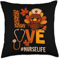 Love Nurse Life Thanksgiving Turkey Fall Scrubs Stethoscope Throw Pillow by Unknown