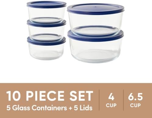 10-Piece Glass Food Storage Containers Set (5 Containers + 5 BPA-Free Lids) | 4-Cup & 6.5-Cup, Leakproof | Microwave, Freezer, Oven & Dishwasher Safe | Ideal for Meal Prep & Pantry Organization, Blue
