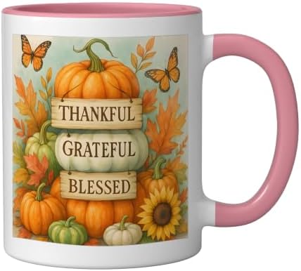 Thankful Grateful Blessed - Fall Pumpkin Family Thanksgiving Ceramic Mug, Pink/White, 11oz - Image 2