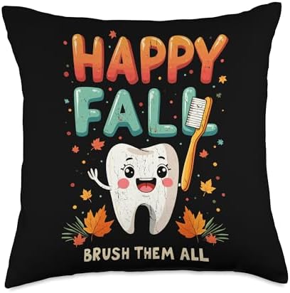 Happy Fall Brush Them All Autumn Dental Thanksgiving Tooth Throw Pillow by Unknown