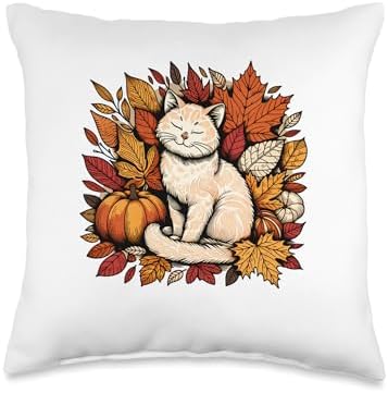 Funny Cat Fall Leaf Tree Hello Autumn Thanksgiving Women Throw Pillow by Unknown