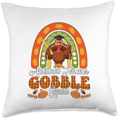 Assistant Teacher Gobble Squad Thanksgiving Turkey Rainbow Throw Pillow by Unknown