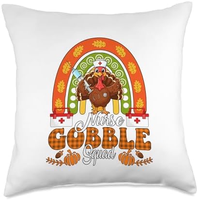 Nurse Gobble Squad Thanksgiving Turkey Fall Rainbow Throw Pillow by Unknown