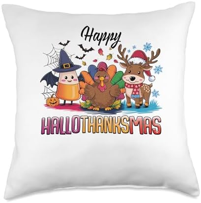 halloween thanksgiving christmas happy hallothanksmas gnome Throw Pillow by Unknown