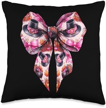 Coquette Bow Thanksgiving Day Turkey Hat Pattern Pink Throw Pillow by Unknown