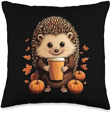 Hedgehog Porcupine Pumpkin Spice Latte Autumn Halloween Throw Pillow by Unknown