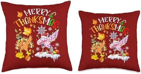Family Happy Hallothanksmas Thanksgiving Christmas Merry ThanksMas Dabbing Turkey Flamingo Thanksgiving Xmas Throw Pillow, 18x18, Multicolor - Image 3
