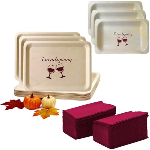 Perfect Stix Friendsgiving Plates and Napkins Set – 25 Large 10-Inch & 25 Small 7-Inch Eco-Friendly Wooden Plates with 50 Burgundy 2-Ply Dinner Napkins –Thanksgiving & Friendsgiving Gatherings by PerfectStixLLC