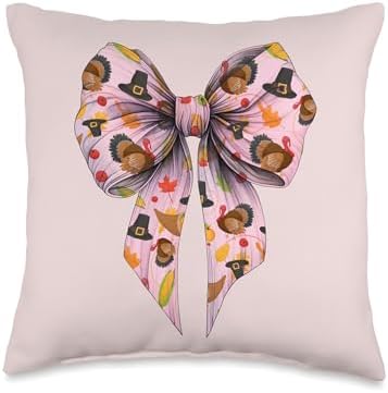 Coquette Bow Thanksgiving Turkey Pattern Pink Ribbon Girl Throw Pillow by Unknown