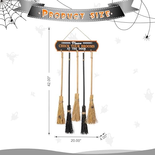 Glitzhome 42”H Halloween Porch Decoration Broom Parking Sign with 5 Wooden Witches Brooms, Please Check Your Brooms at the Door Porch Decor, Cute Hocus Pocus Hanging Decoration for Front Porch Wall - Image 2