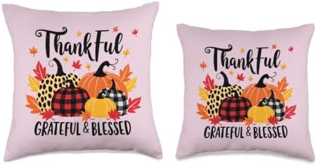 Thankful Grateful Blessed Leopard Plaid Pumpkin Thanksgiving Throw Pillow - Image 3