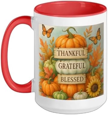 Thankful Grateful Blessed - Fall Pumpkin Family Thanksgiving Ceramic Mug, Red/White, 15oz by Unknown