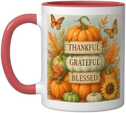 Thankful Grateful Blessed - Fall Pumpkin Family Thanksgiving Ceramic Mug, Red/White, 11oz by Unknown