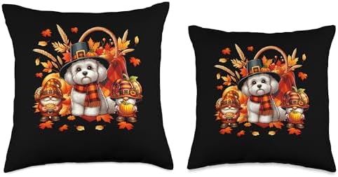 Thanksgiving Maltipoo With Gnomes Fall Leaves Pumpkins Throw Pillow - Image 3