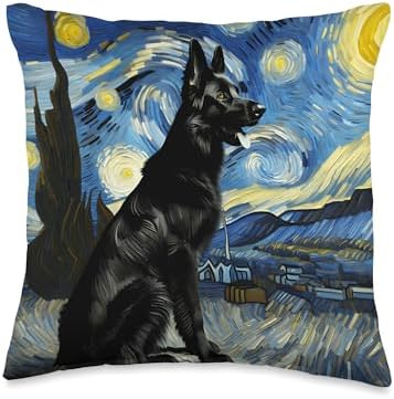 Black German Shepherd Starry Night Van Gogh Thanksgiving Throw Pillow by Unknown
