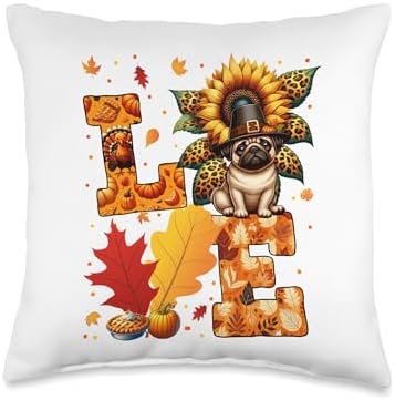 LOVE Thanksgiving Pug Costume Fall Leaves Sunflower Throw Pillow by Unknown