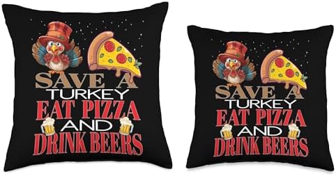 Envision Styles Unique Holiday Designs Save A Turkey Eat Pizza and Drink Beers Vegan Thanksgiving Throw Pillow, 18x18, Multicolor - Image 3