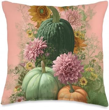 Vintage Autumn Flower Fall Pumpkin Thanksgiving Happy Fall Throw Pillow by Unknown