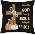 Blessed By God Loved By Jesus Thanksgiving Cross And Pumpkin Throw Pillow by Unknown