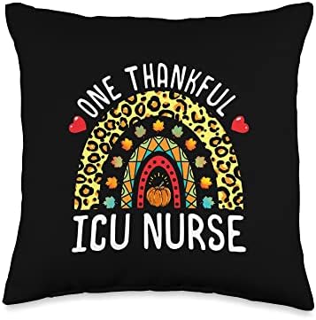 One Thankful ICU Nurse Thanksgiving Rainbow Leopard Fall Throw Pillow by Unknown