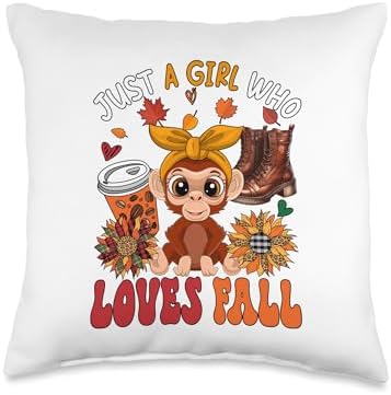 A Girl Loves Fall Thanksgiving Monkey Bow Tie Sunflowers Throw Pillow by Unknown
