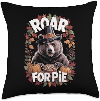 Funny Thanksgiving Brown Bear Grizzly Pilgrim Roar For Pie Throw Pillow by Unknown