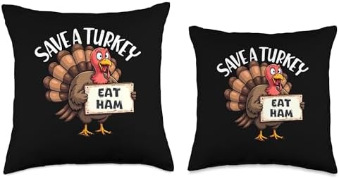 Save A Turkey Eat Ham Funny Thanksgiving Turkey Throw Pillow - Image 3