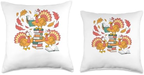 Turkey Reading Books Fall Thanksgiving Teacher Librarian Throw Pillow - Image 3