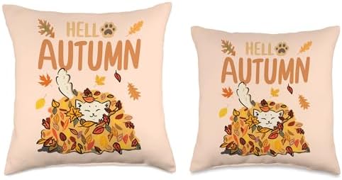 Hello Autumn Maple Leaf Fall Vibes Cute Cat Thanksgiving Throw Pillow - Image 3