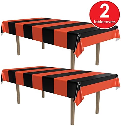 Beistle Orange & Black Stripes Tablecovers, 54” x 108”, 2 Pieces – Plastic Table Cloth, Rectangular Tablecloth, Holiday Tablecloth, Halloween Plastic Tablecloth, Halloween Decorations