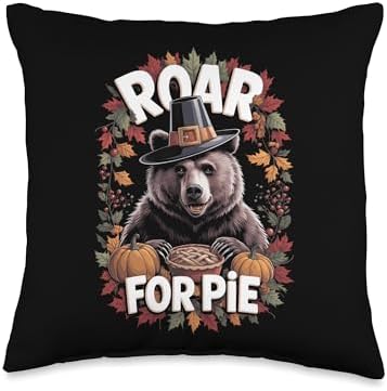 Funny Thanksgiving Brown Bear Grizzly Pilgrim Roar For Pie Throw Pillow by Unknown
