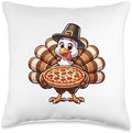 Kawaii Cartoon Turkey With A Pizza Design Cute Turkey with a Pizza Funny Thanksgiving Pilgrim Dinner Throw Pillow, 16x16, Multicolor by Unknown