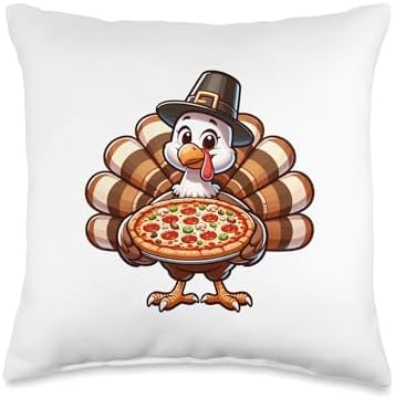 Kawaii Cartoon Turkey With A Pizza Design Cute Turkey with a Pizza Funny Thanksgiving Pilgrim Dinner Throw Pillow, 16x16, Multicolor by Unknown