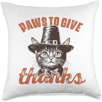 Thanksgiving Cat Kitten Pilgrim Vintage Paws To Give Thanks Throw Pillow by Unknown