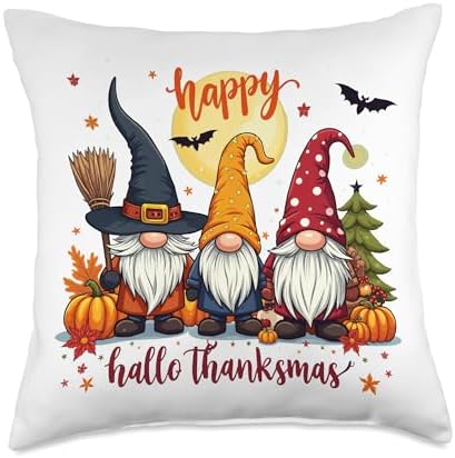 Happy HalloThanksMas Gnome Halloween Thanksgiving Christmas Throw Pillow by Unknown