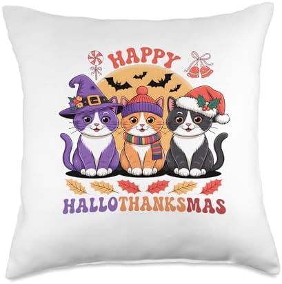 Halloween Thanksgiving Christmas Happy HalloThanksMas Cats Throw Pillow by Unknown