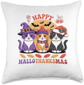 Halloween Thanksgiving Christmas Happy HalloThanksMas Cats Throw Pillow by Unknown