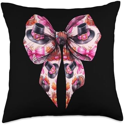 Coquette Bow Thanksgiving Day Turkey Hat Pattern Pink Throw Pillow by Unknown