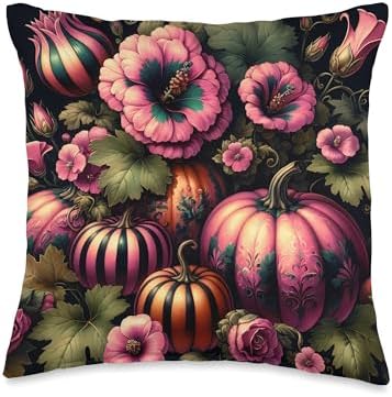 Vintage Pink Flowers Pumpkin Autumn Thanksgiving Girl Women Throw Pillow by Unknown