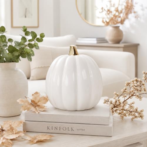 Pearhead Ceramic Pumpkin Fall Decor with Gold Stem, White - Image 5