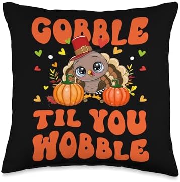 Gobble Til You Wobble For Love Gobble Til You Wobble Cute Girl Boy Turkey Thanksgiving Kid Throw Pillow, 16x16, Multicolor by Unknown
