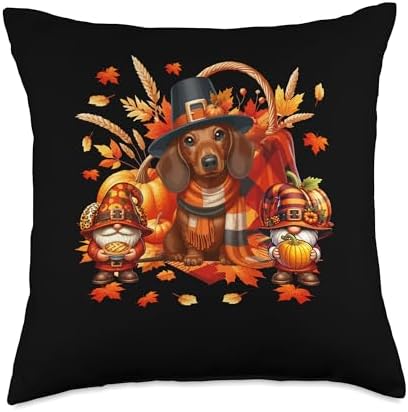 Thanksgiving Dachshund With Gnomes Fall Leaves Pumpkins Throw Pillow by Unknown