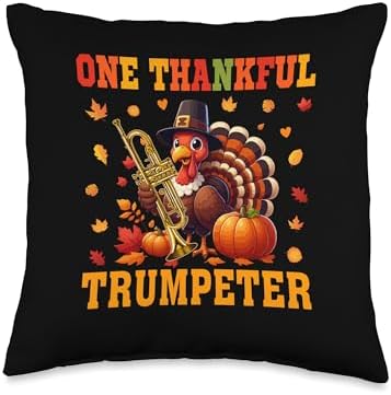 One Thankful Trumpeter Player Thanksgiving Turkey Instrument Throw Pillow by Unknown