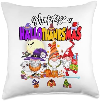 Happy Hallothanksmas Gnomes Halloween Thanksgiving Christmas Throw Pillow by Unknown