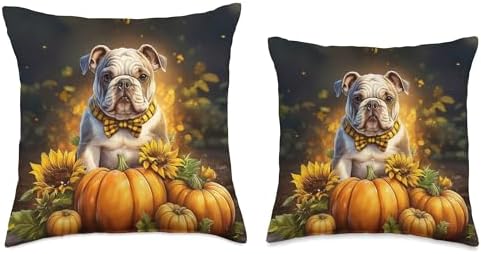 Floral Bulldog Dog Thanksgiving Pumpkins Sunflowers Gift Throw Pillow - Image 3